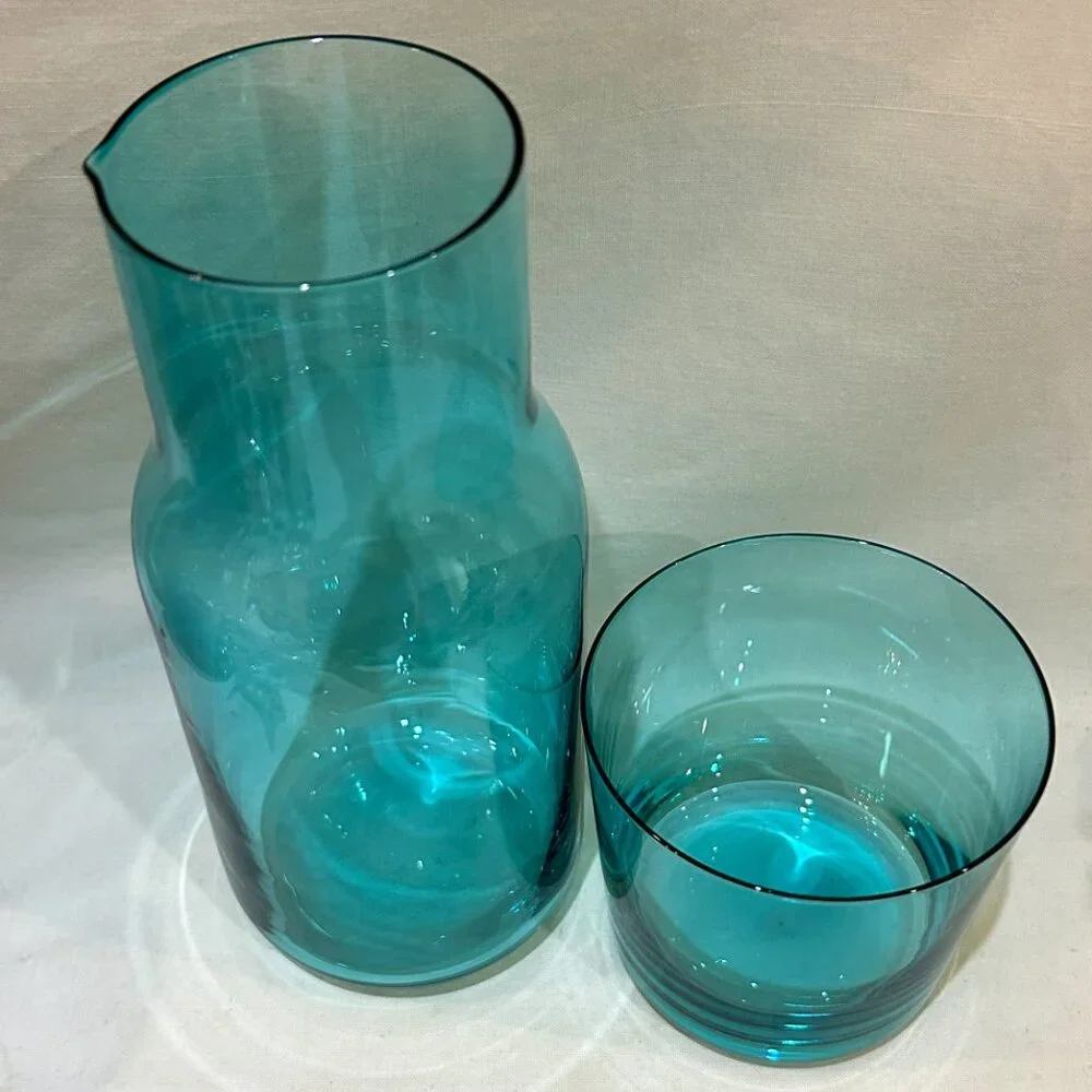 Jonathan Adler BIBA Teal Blue Glass Bedside Water Carafe 25 oz & Cup 10 oz Set